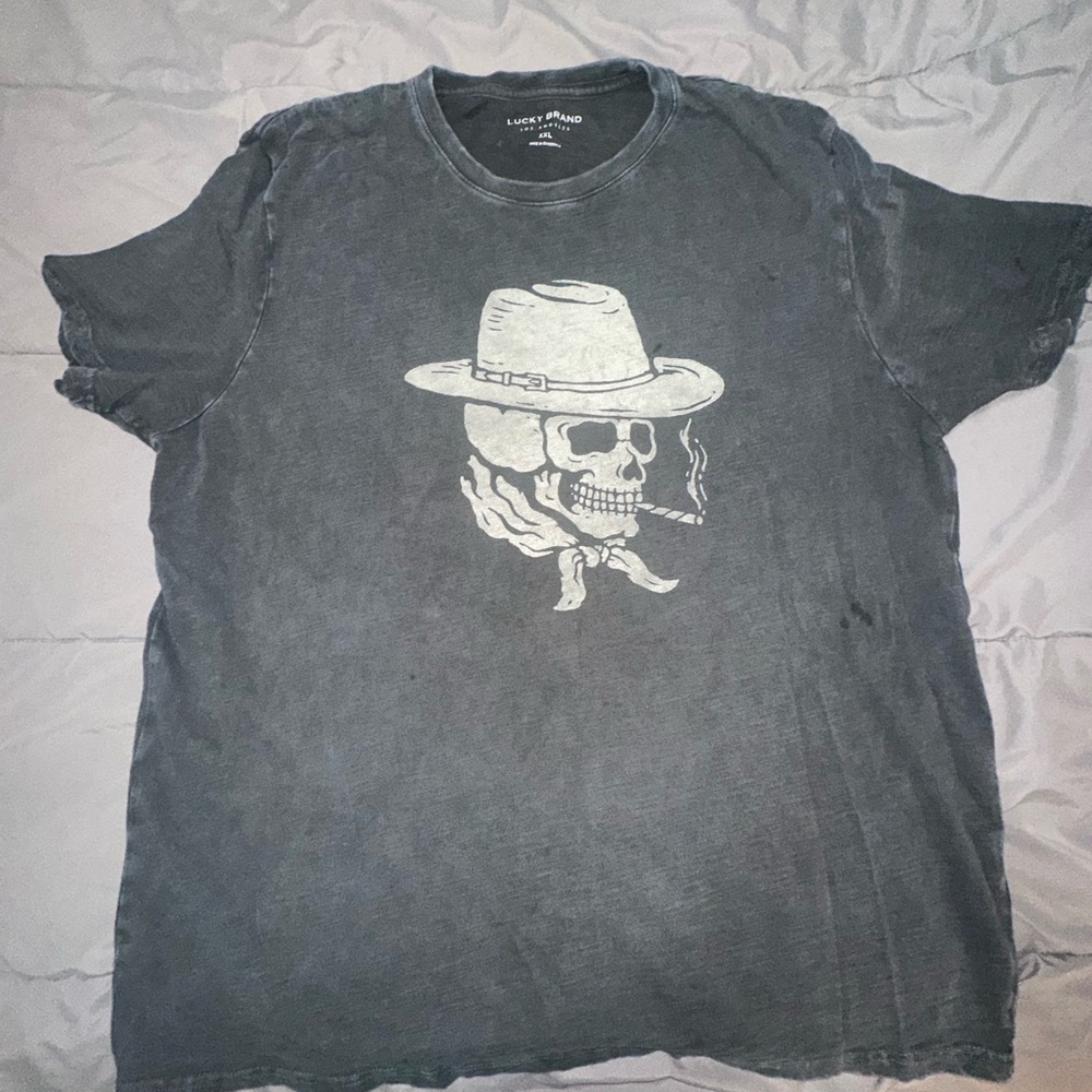 Lucky Brand Black Tee with White Skull Cowboy Graphic